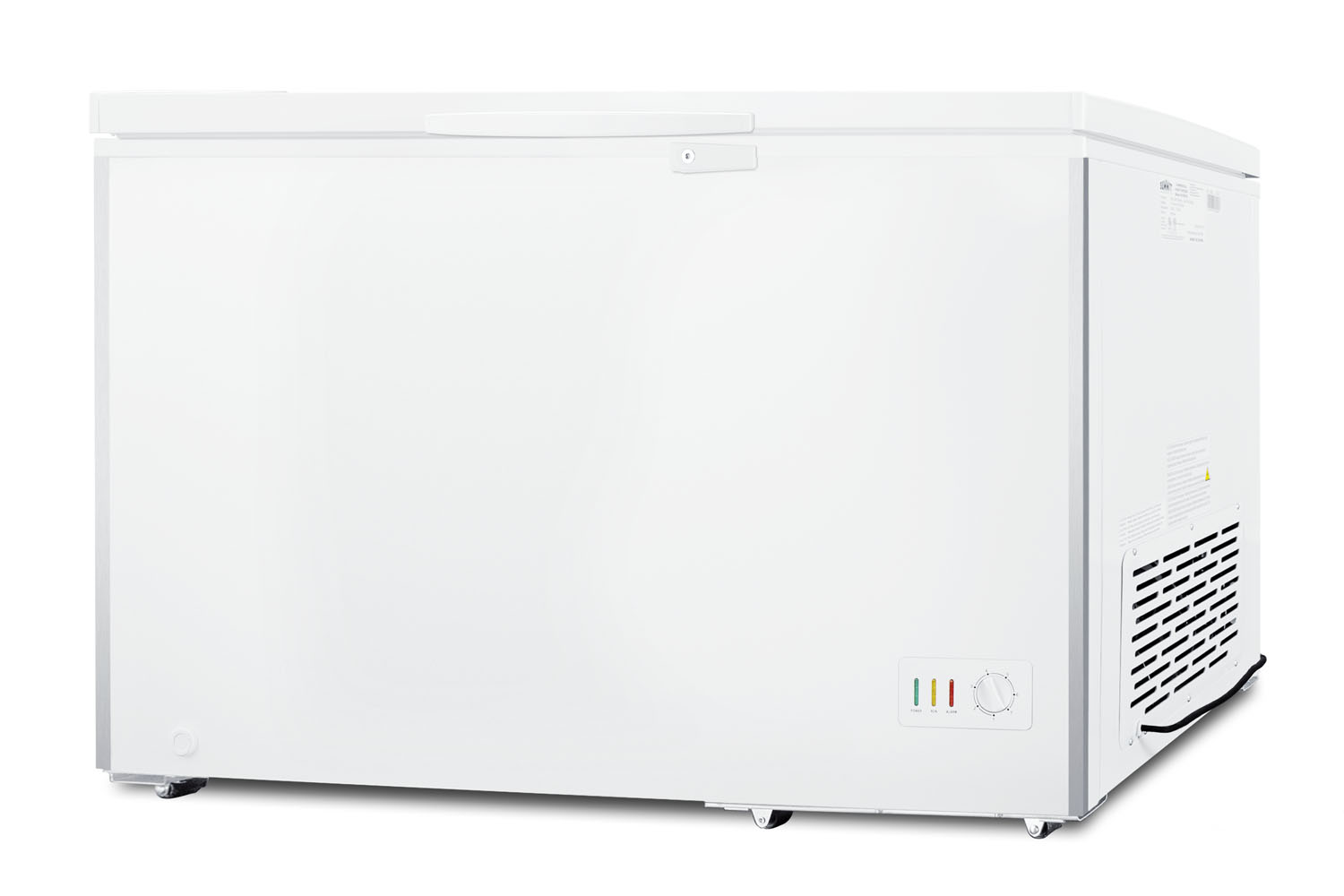 Commercially listed 12.1 cu.ft. manual defrost chest freezer in white with stainless steel corner guards and lock